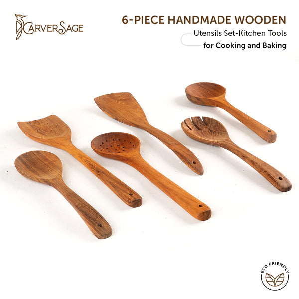 6-Piece Acacia Wooden Cooking Utensils Set with Wood Holder | Best Wooden Spoons & Kitchen Utensils Set carversage.com 