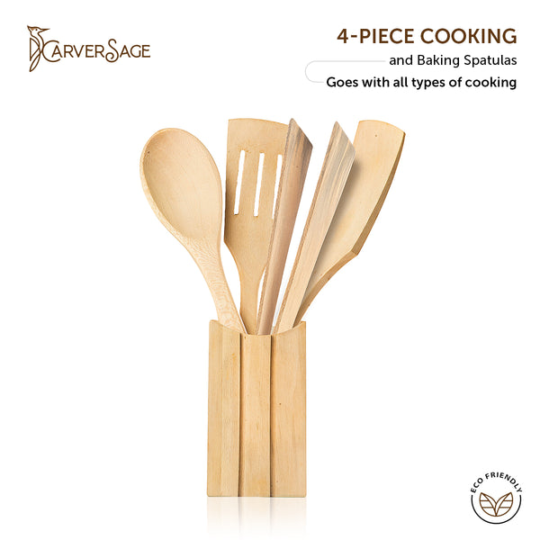 4-Piece Wooden Spatula Set for Cooking & Baking | Eco-Friendly Beechwood Kitchen Utensils with Holder